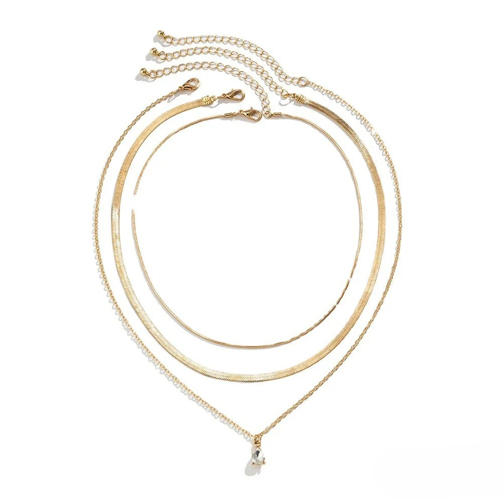 Layered Necklace with Gold-Colored Zirconia Pendant